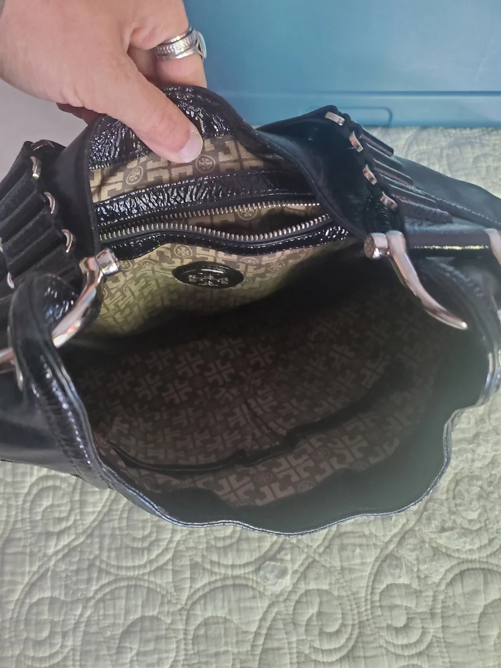 Tory Burch Black Leather Shoulder Bag with Silver Buckle